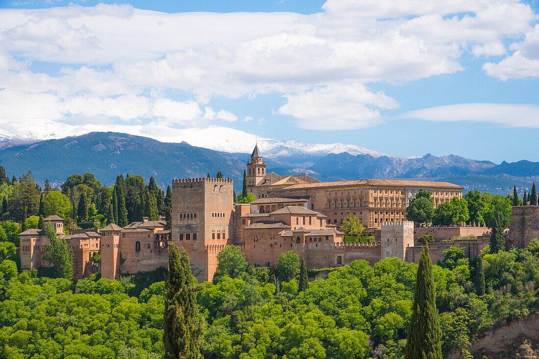 Blick auf den Palast Alhambra, Teil der Nasridenpaläste, vor der Schneebedeckten Sierra Nevada, Granada, Provinz Granada, Andalusien, Spanien