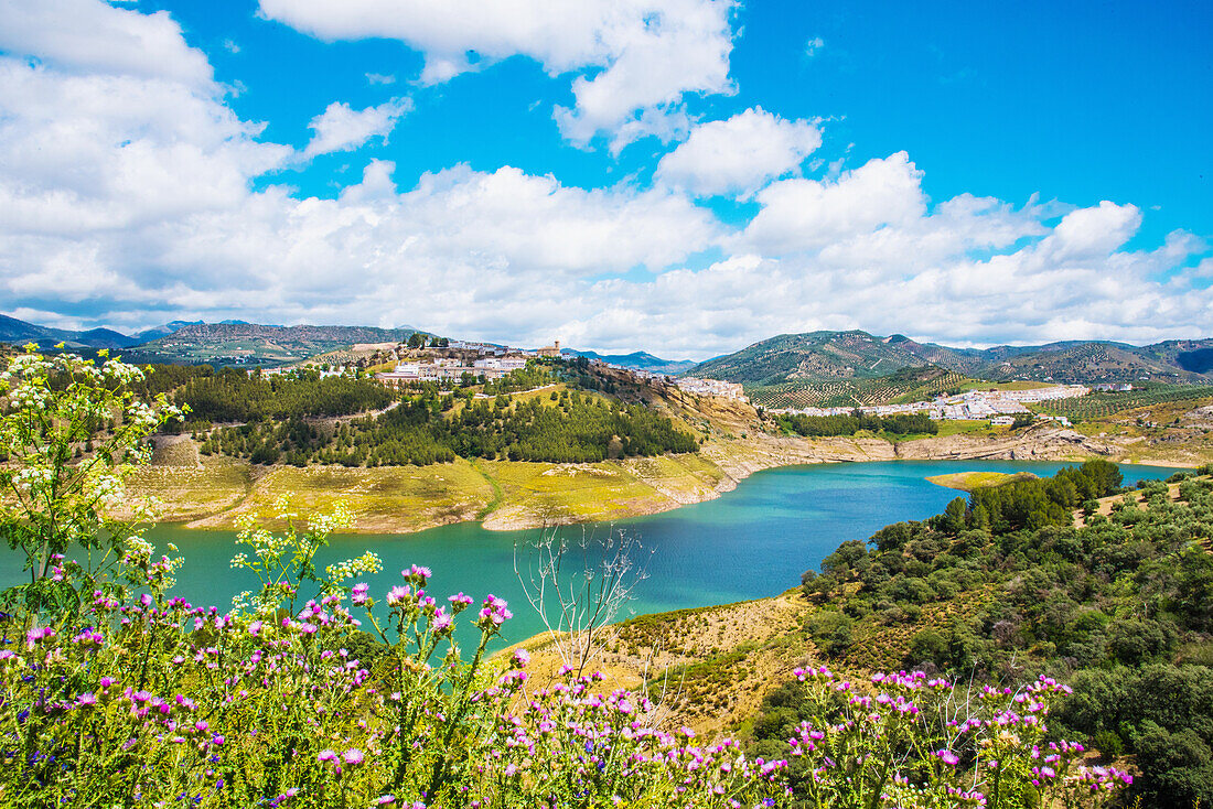  Iznajar, white village, known for floral decorations, high in the mountains, by the reservoir, in the olive belt, province of Cordoba, Spain 