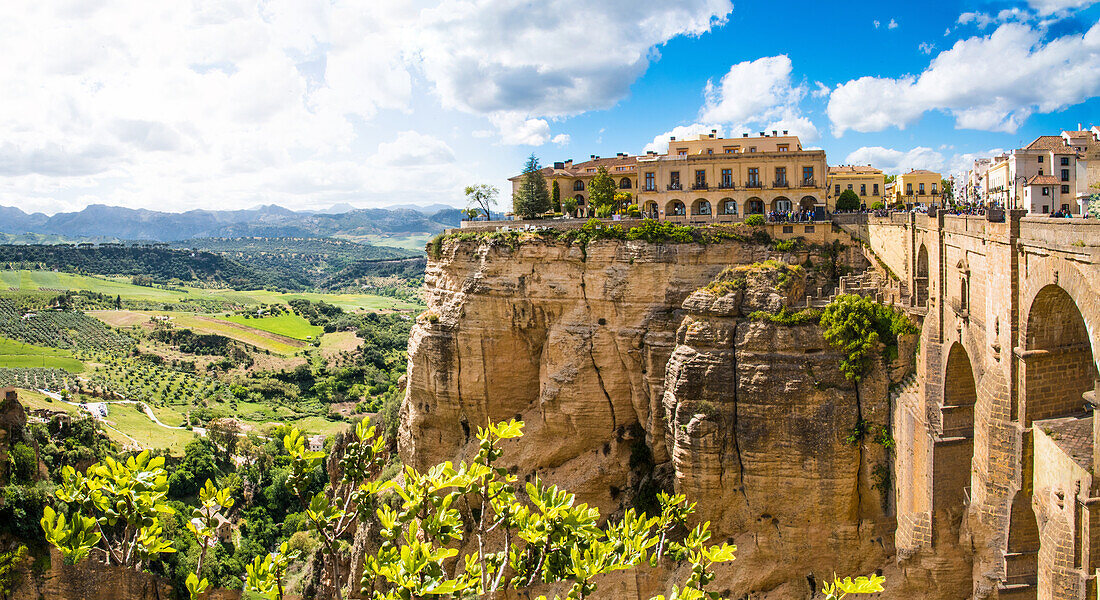 Blick auf Brücke Ponte Nuevo über den Fluss Río Guadalevín und in die Schlucht, verbindet Altstadt und Neustadt, Ronda, Provinz Malaga, Andalusien, Spanien