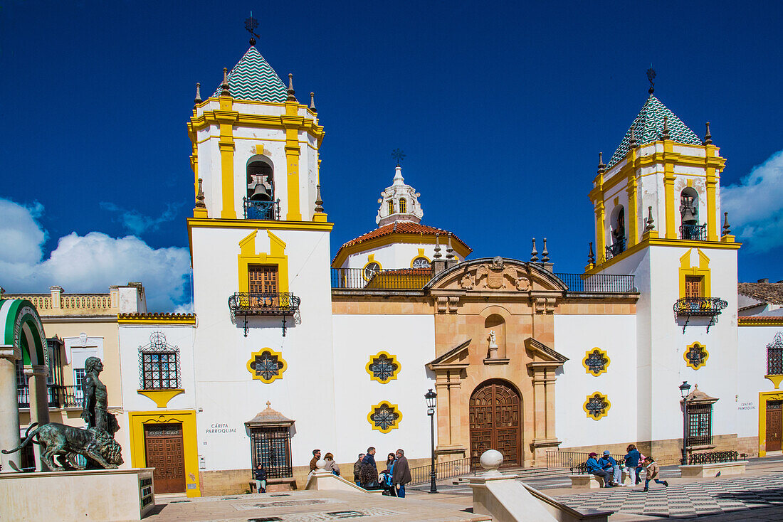  Ronda, largest and most famous of the white villages, Cathedral of Santa Cecilia, on the Town Hall Square, Malaga Province, Spain 