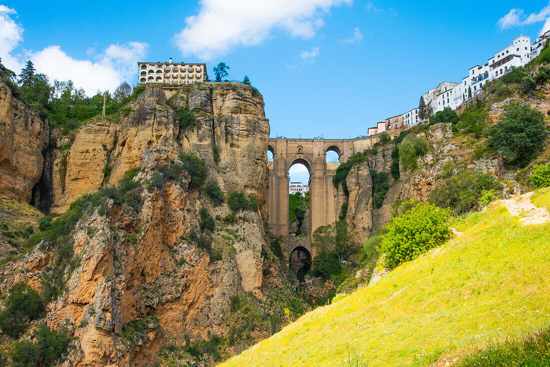  Ronda, most famous, largest white village, bridge, Ponte Nuevo, landmark, 165 meters high, 18th century, connects old with new town, province of Malaga, Spain 