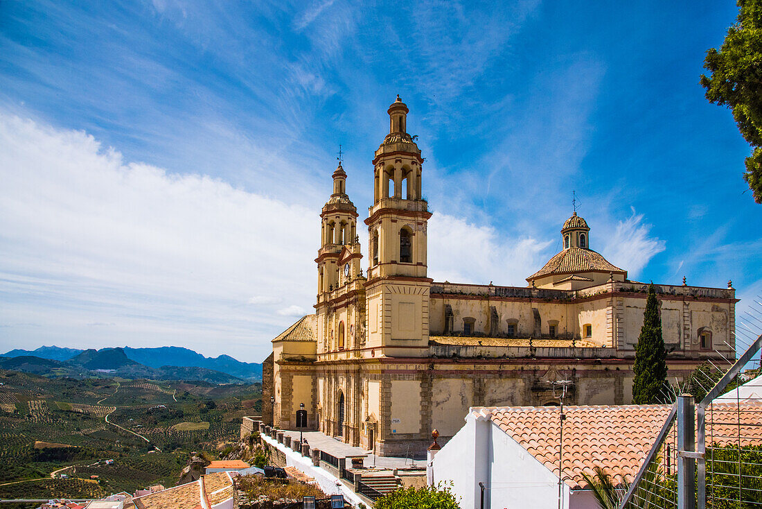  Olvera, white village, on hilltop, with medieval cathedral, Cadiz province, Spain 