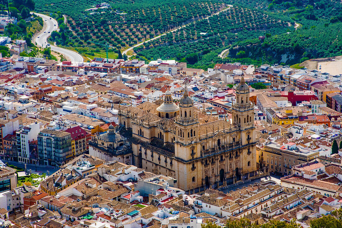  Jaen, view from the Cross Hill of the city and the famous Renaissance cathedral, 17th century, Jaen province, Spain 