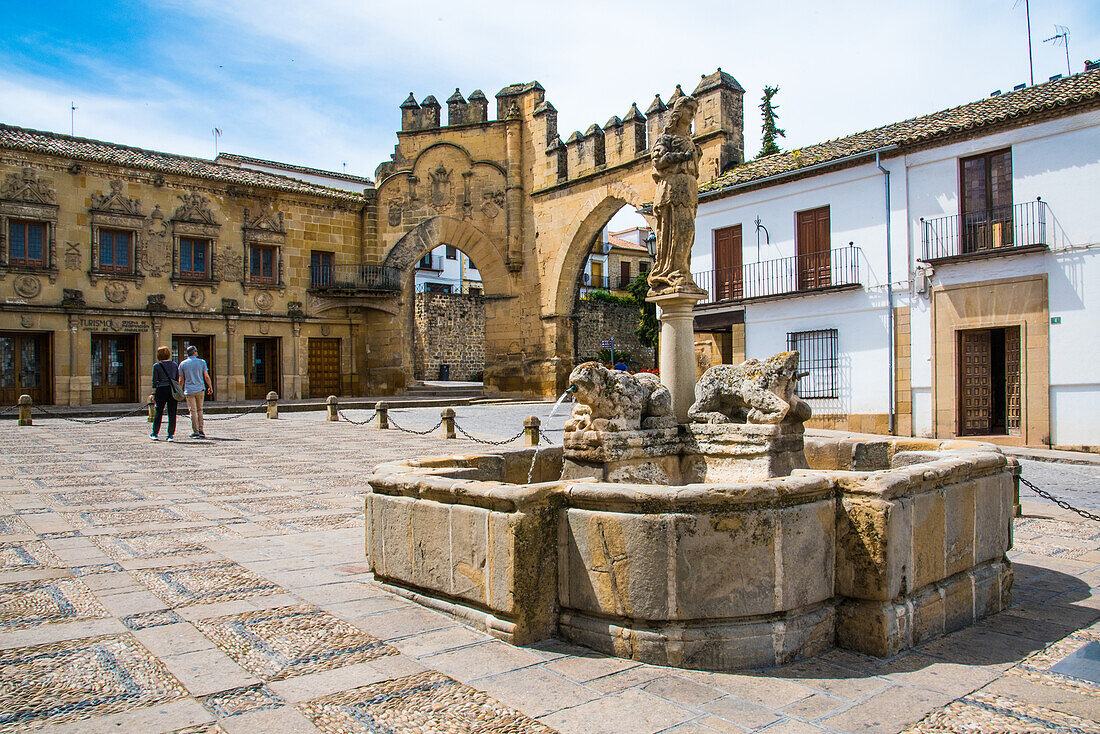  Baeza, Plaza del Populo, in the city centre, in the Middle Ages, with the lion fountain, on it the wife of Hanibal, province of Jaen, Andalusia, Spain 