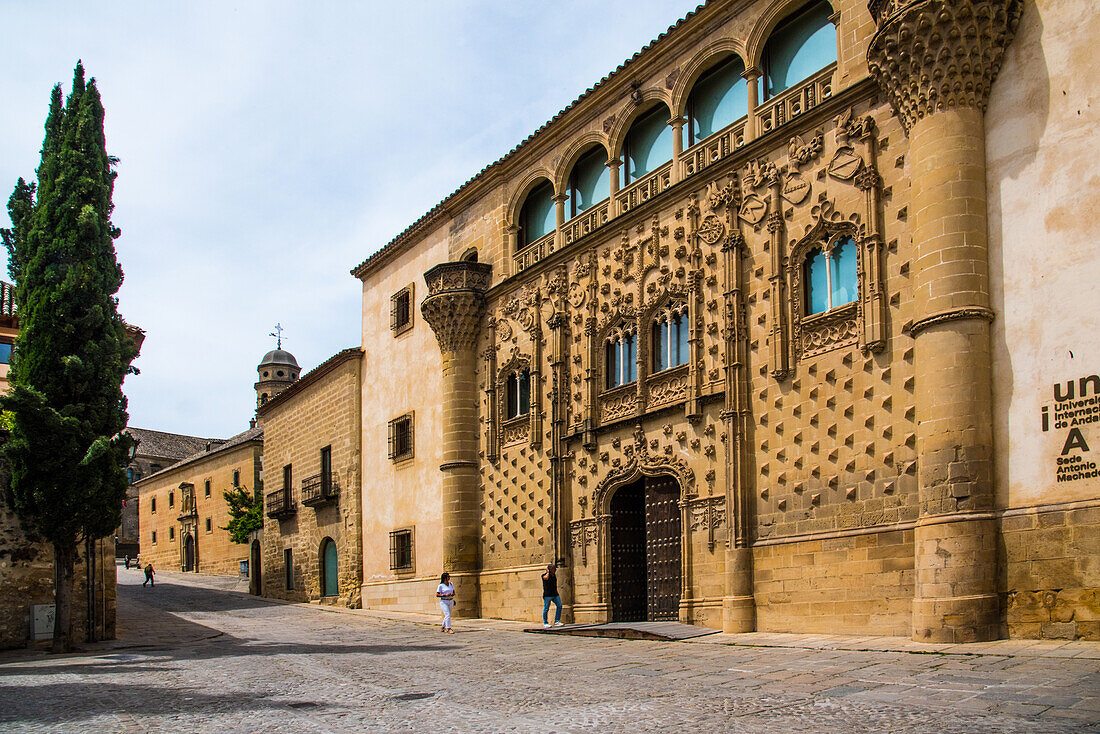  Baeza, street in the old town, with the old library, province of Jaen, Spain 