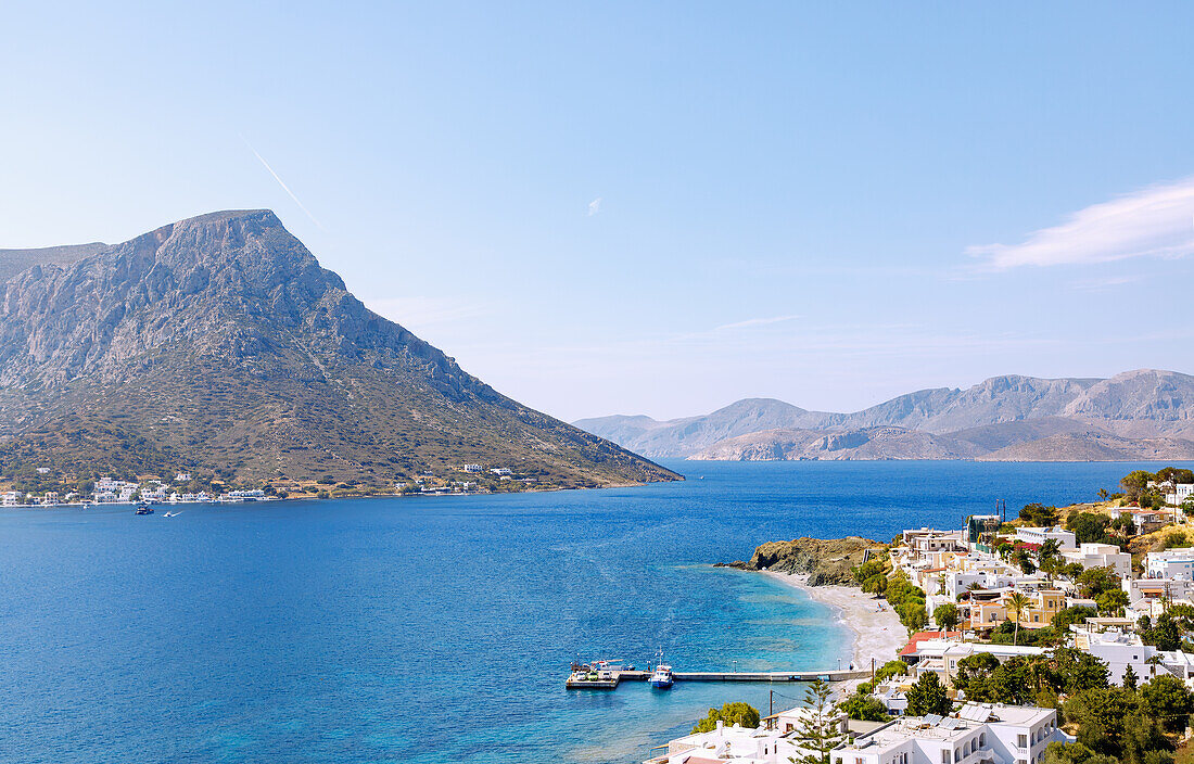  Island of Telendos (Nisí Télendos) off the coast of Myrtiés with sandy beach and harbor on the island of Kálymnos (Kalimnos) in Greece 