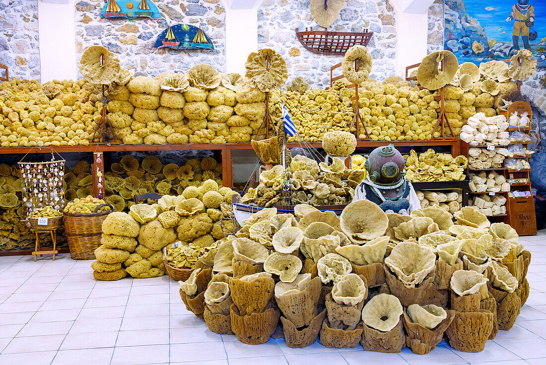  Souvenir shop with natural sponges in Póthia on the island of Kalymnos (Kalimnos) in Greece 