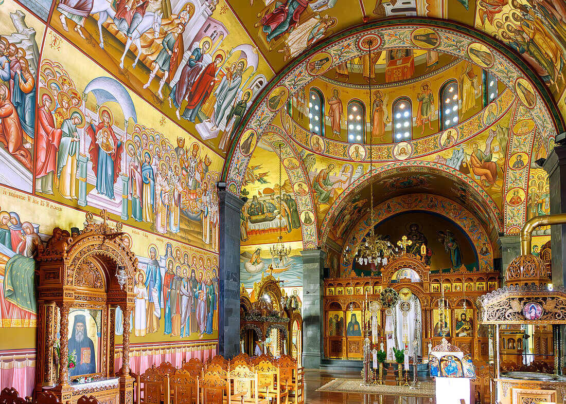  Interior of the church Àgion Pándon in the monastery Moni Agíou Savvas near Póthia on the island of Kalymnos (Kalimnos) in Greece 