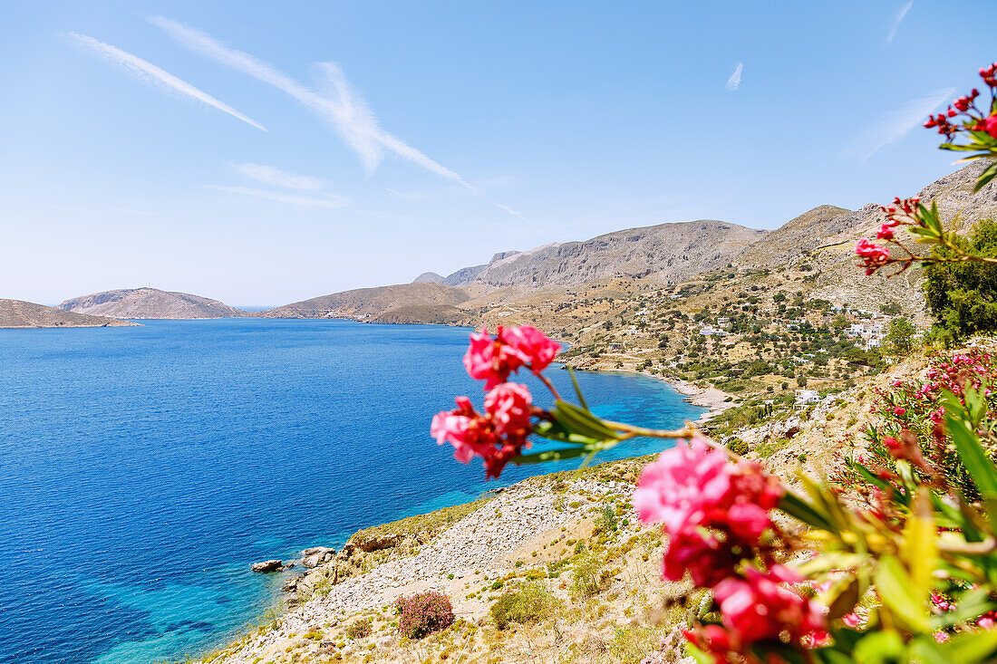  Coastal landscape near Skalia with view of Plaka Beach and the Palioníssi peninsula on the island of Kalymnos (Kalimnos) in Greece 