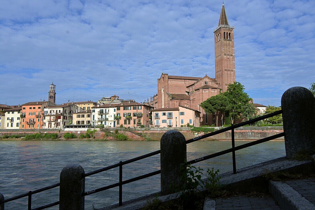 am Fluss Adige vor der Kirche Sant Anastasia, Verona, Veneto, Nord-Italien