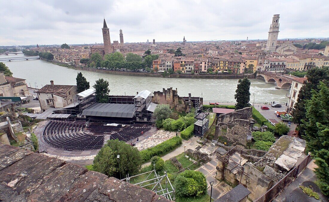  Teatro Romano and River Adige, Verona, Veneto, Northern Italy 