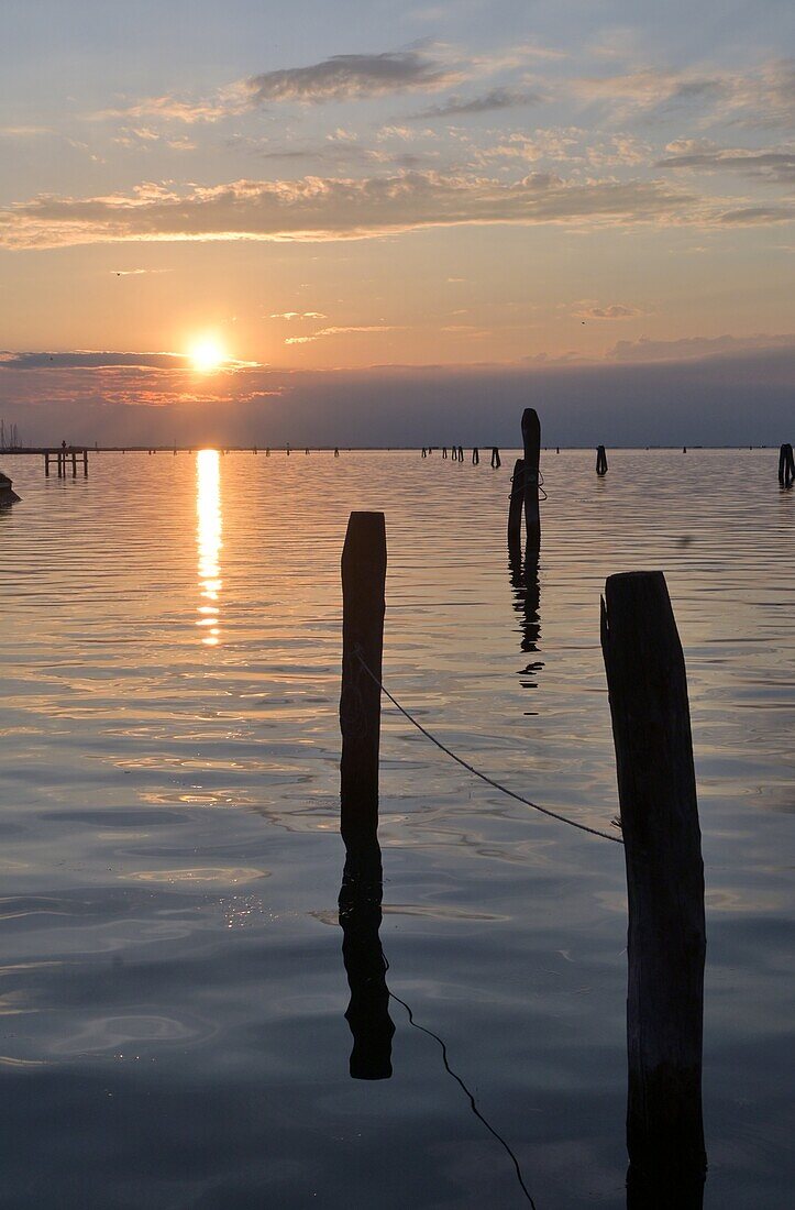  Sunset in the fishing port of Sottomarina opposite Ghioggia, Lagoon of Venice, Veneto, Northern Italy 