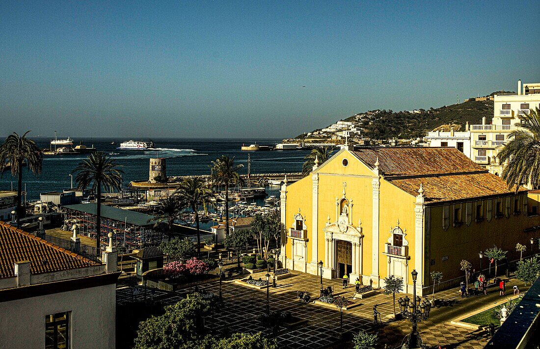  View of the port of Ceuta, in the foreground the Iglesia de Africa, Ceuta, North African coast, Spain 