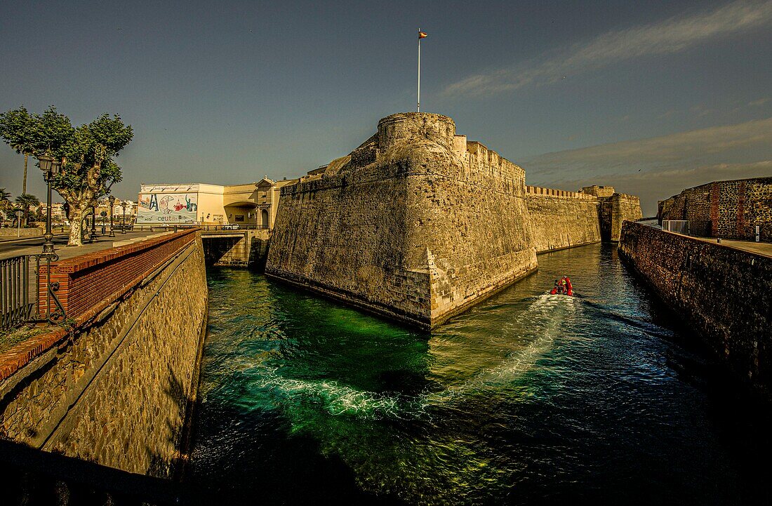  Murallas Reales, the royal walls in Ceuta, in the background the building of the tourist information, North African coast, Spain 