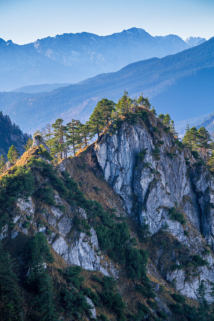  View from the Sonnenspitz to the Graseck, Kochel am See, Upper Bavaria, Bavaria, Germany 