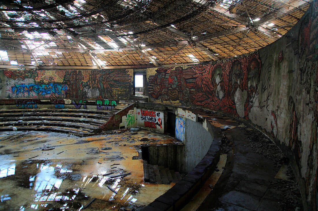 Ruined vandalised interior of Buzludzha monument former communist party headquarters, Bulgaria, eastern Europe