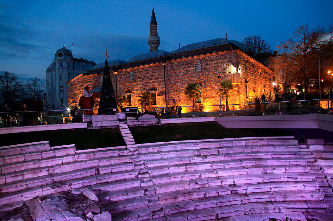 Roman stadium steps illuminated at night, city centre of Plovdiv, Bulgaria