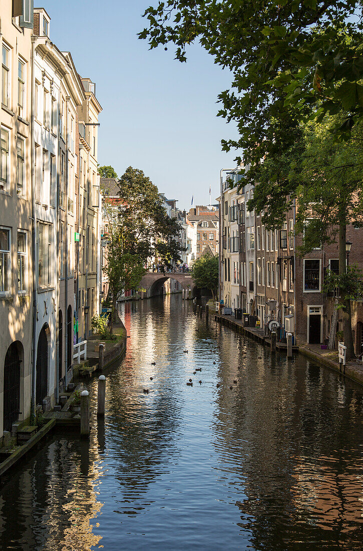  Häuser am Wasser am Oudegracht-Kanal im Zentrum von Utrecht, Niederlande 