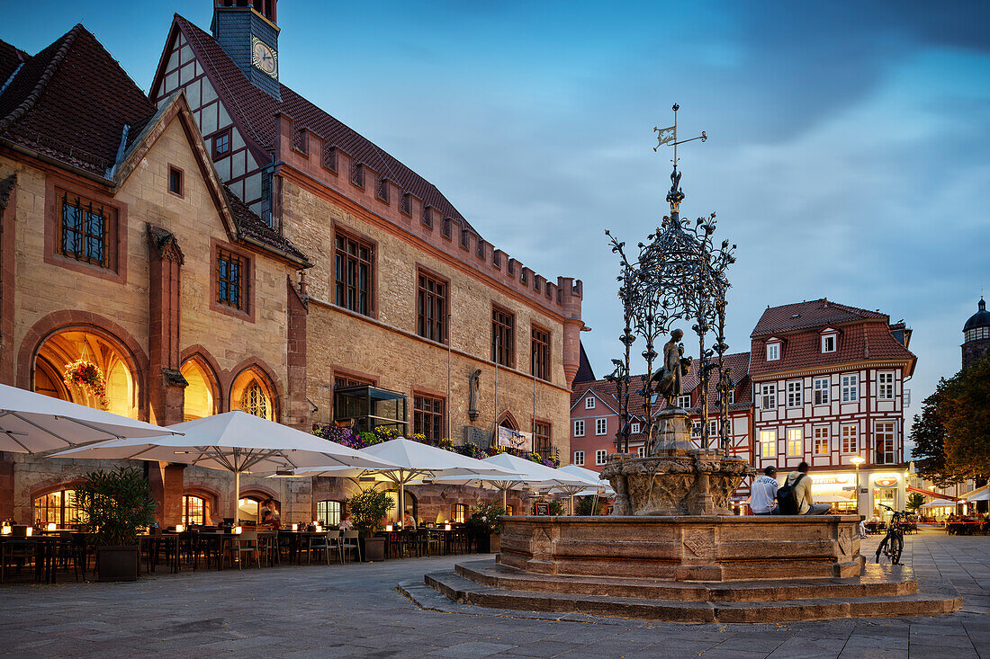  Gänseliesel fountain on the market in front of the Old Town Hall, landmark in the old town of Göttingen, Lower Saxony, Germany 