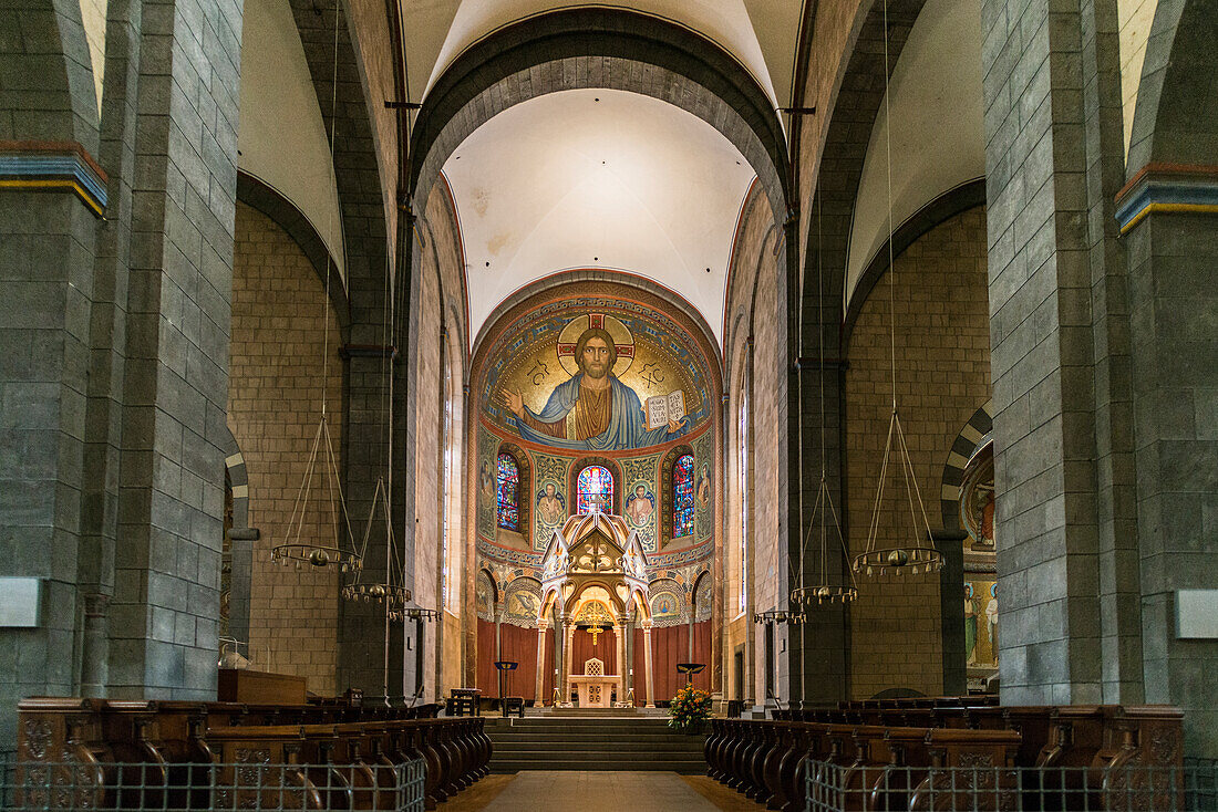  Romanesque monastery church, Benedictine Abbey of Maria Laach, Eifel, Rhineland, Rhineland-Palatinate, Germany 