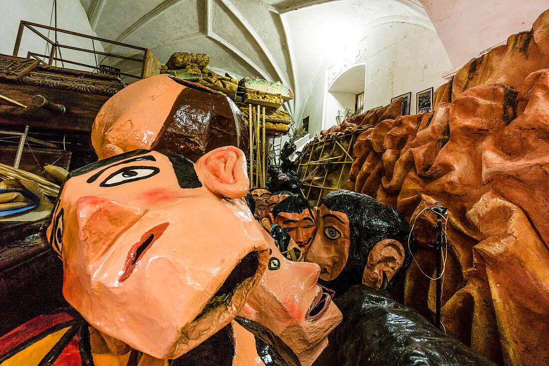 workshop of masks and giants, church of the convent of La Merced, Ultrabarroco guatemalteco, century XVI,  Antigua Guatemala, department of Sacatepéquez, Guatemala