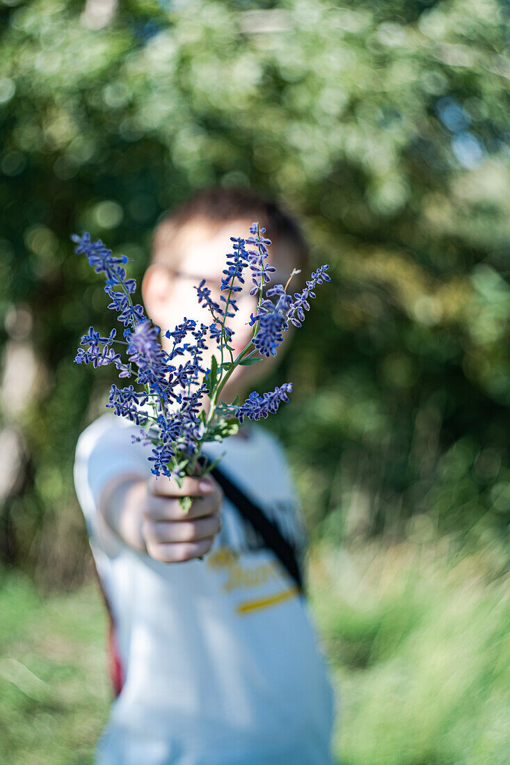  Netter Junge mit Blumen in den Händen im Sommerwald 