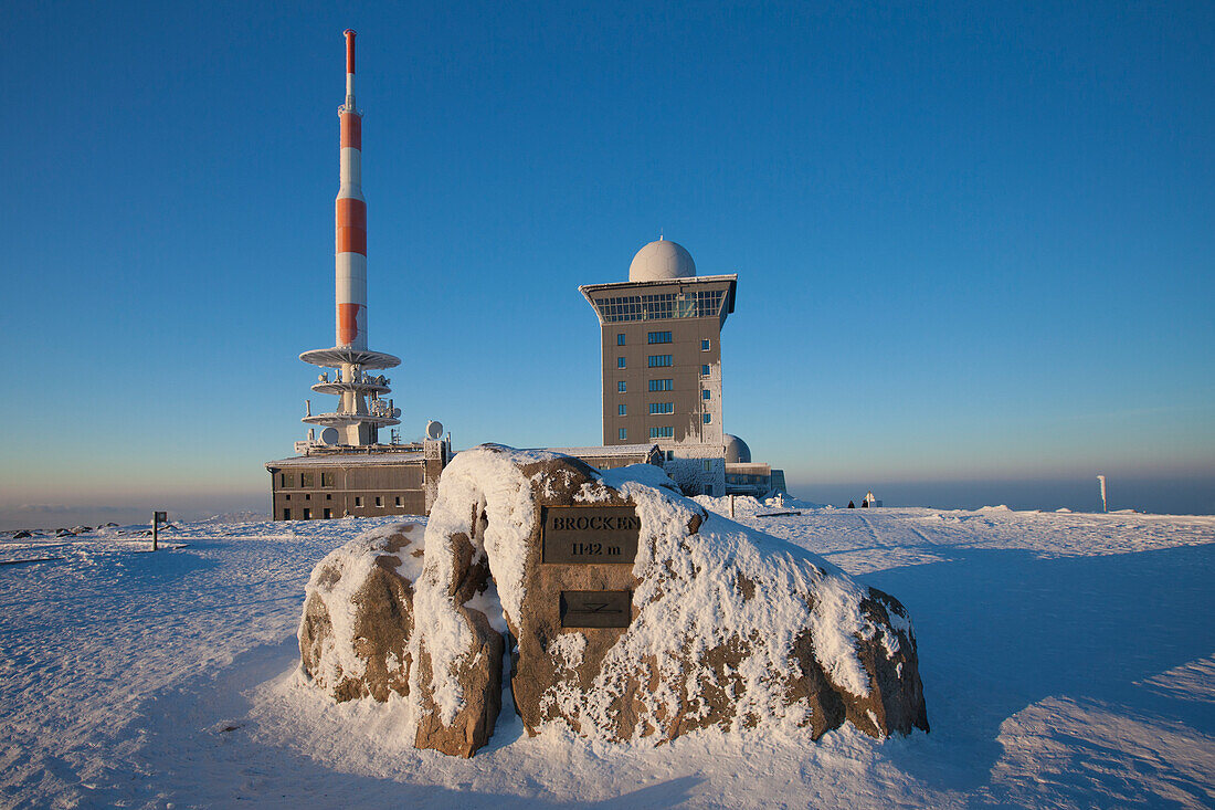  Brocken, summit, transmission tower, hotel, winter, Harz National Park, Harz, Saxony-Anhalt, Germany 