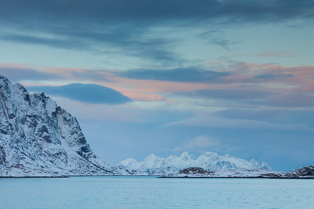  Mountains at Henningsvaer Fjord, winter, Austvagoy, Lofoten, Norway 