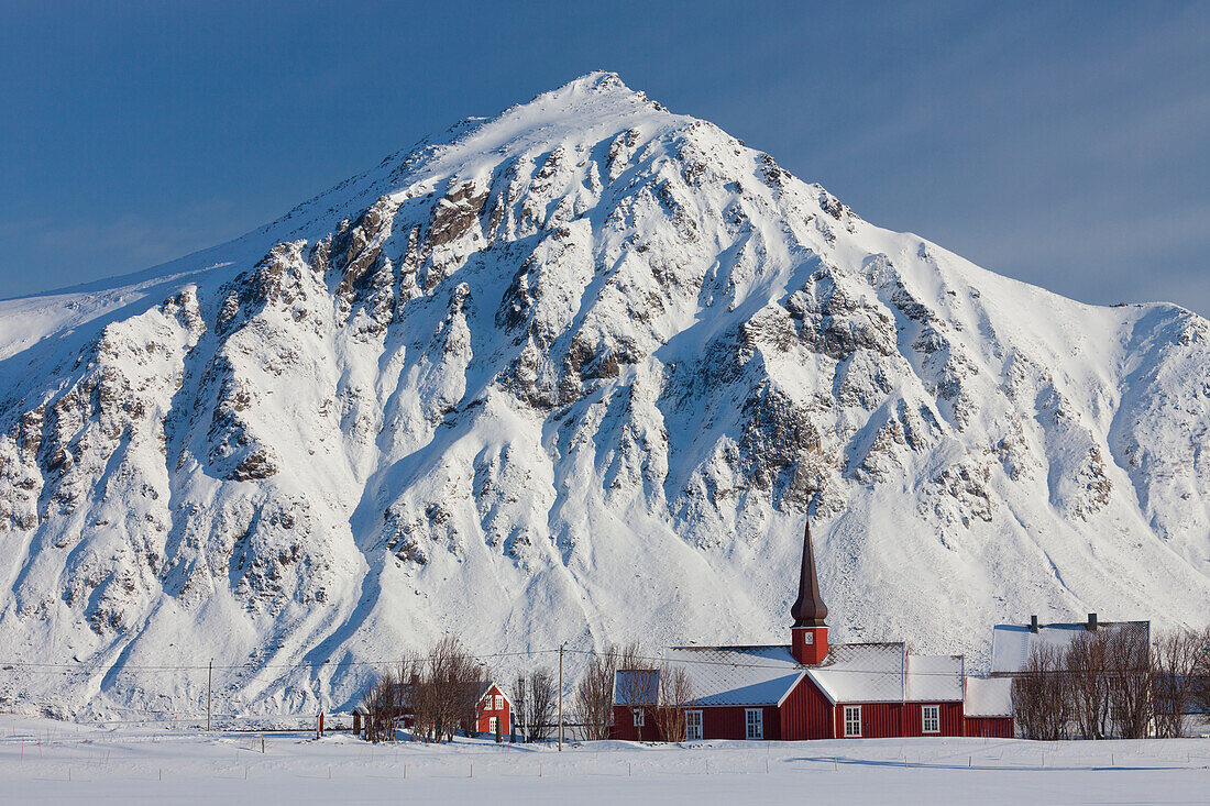  Flakstad Church, winter, Nordland county, Lofoten, Norway 