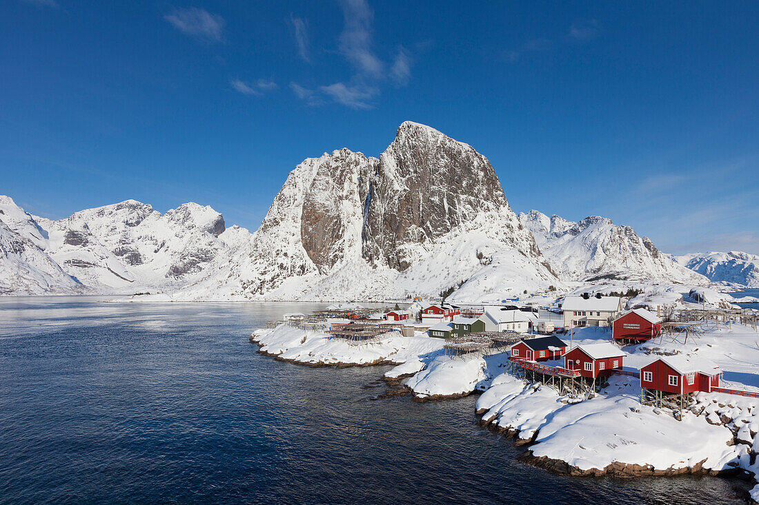  Cabins at Hamnoy Fjord, Winter, Lofoten, Norway 