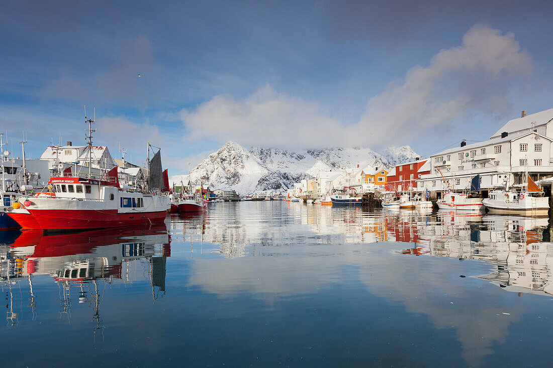  Fishing boats in the harbor of Henningsvaer, winter, Lofoten, Norway 