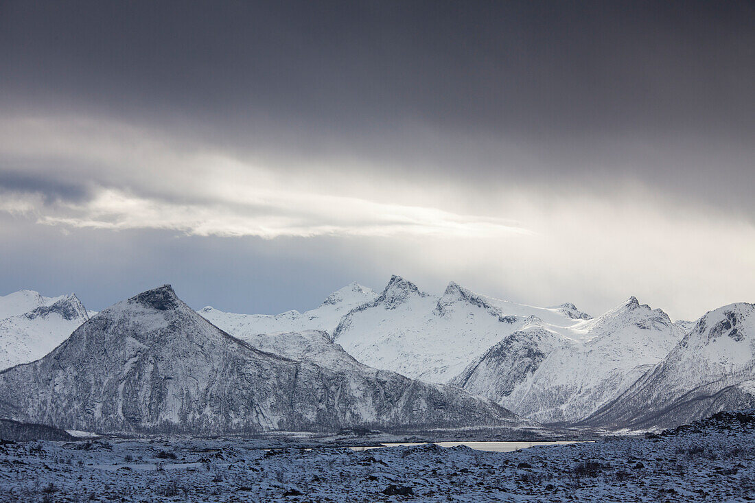  Mountain landscape in winter, Laukvik, Lofoten, Norway 