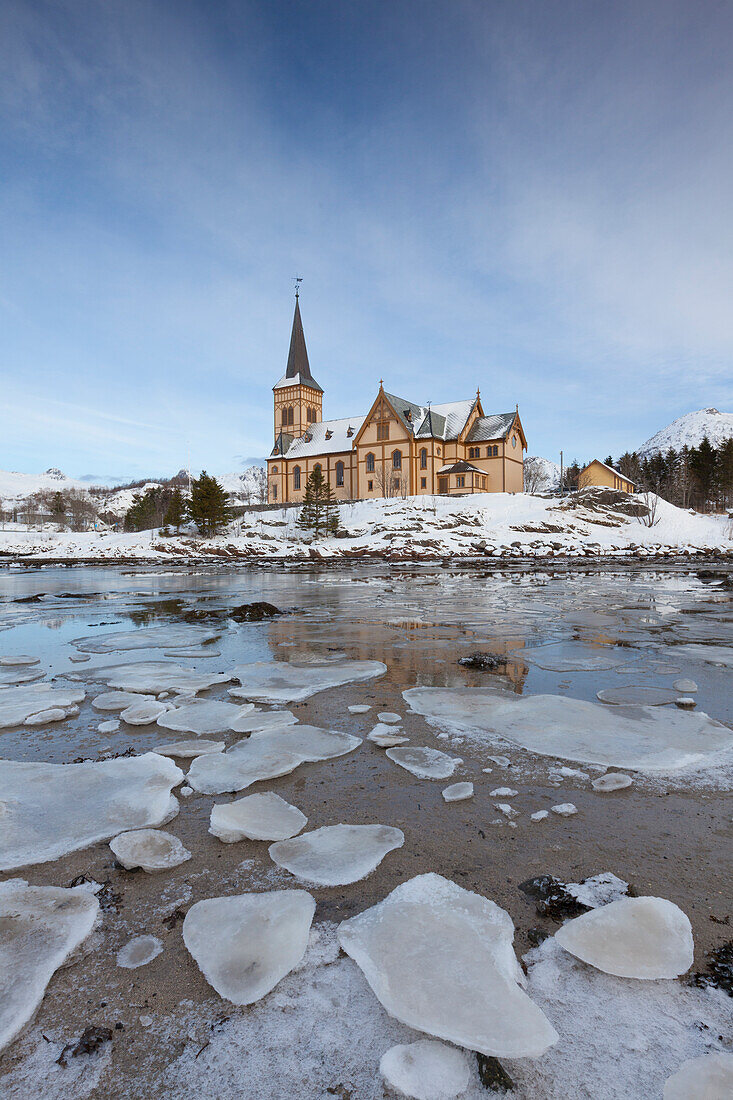  Kabelvag Church in winter, Lofoten, Norway 