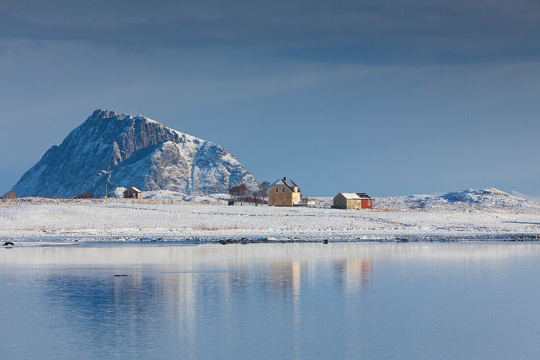  Houses at Limstranden, winter, Lofoten, Norway 