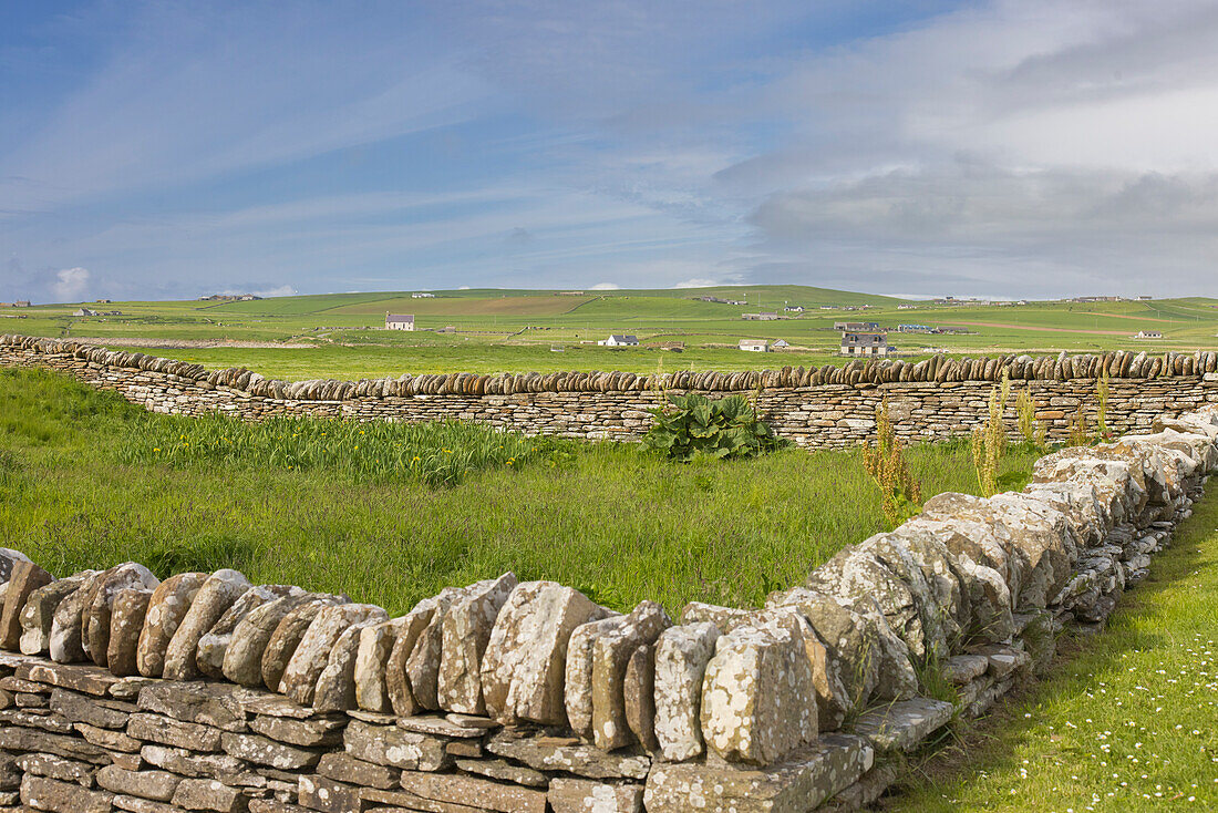  Historic stone wall at Skara Brae, Orkney Islands, Scotland, Great Britain 