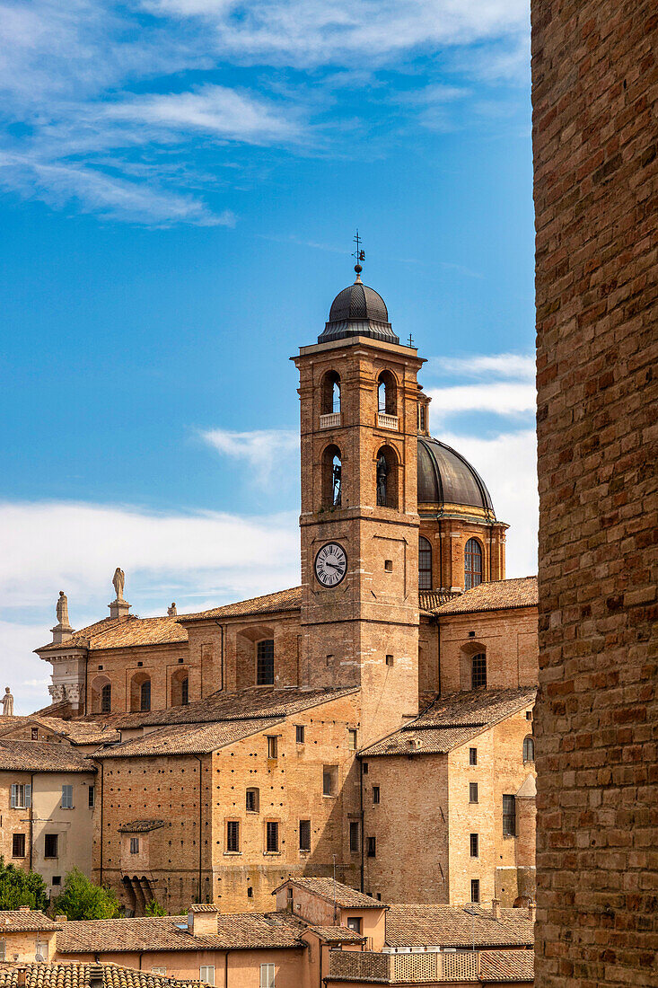 Blick auf Kathedrale Duomo di Santa Maria Assunta, Herzogspalast Palazzo Ducale und historisches Zentrum, Urbino, Pesaro, Marken, Italien, Europa