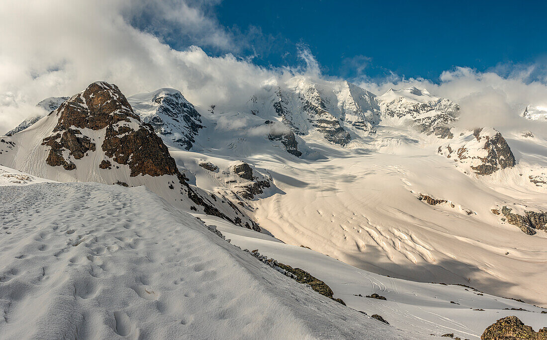 Blick von der Diavolezza auf Piz Palü und Pers-Gletscher, bei Pontresina, Engadin, Graubünden, Schweiz