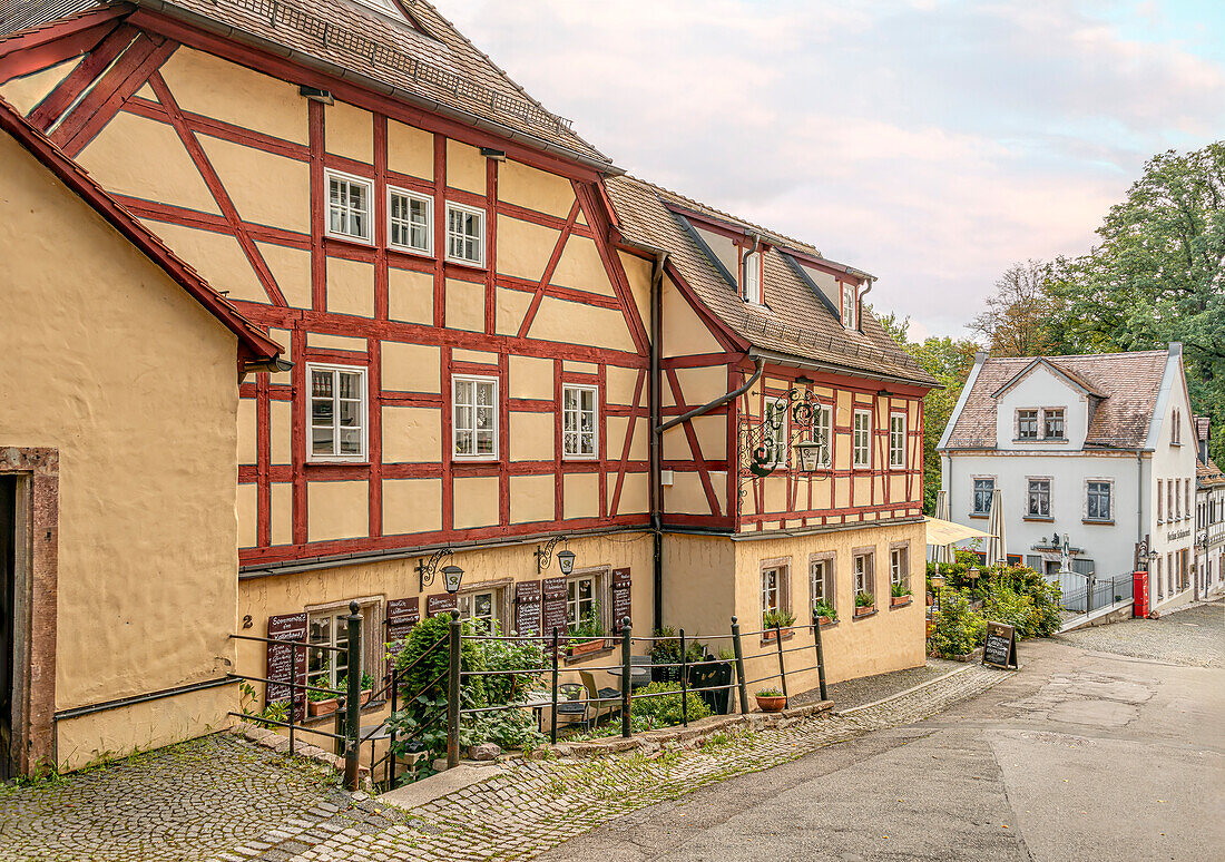  Restored half-timbered houses on the Schloßberg in the district of Schloßchemnitz, Saxony, Germany  