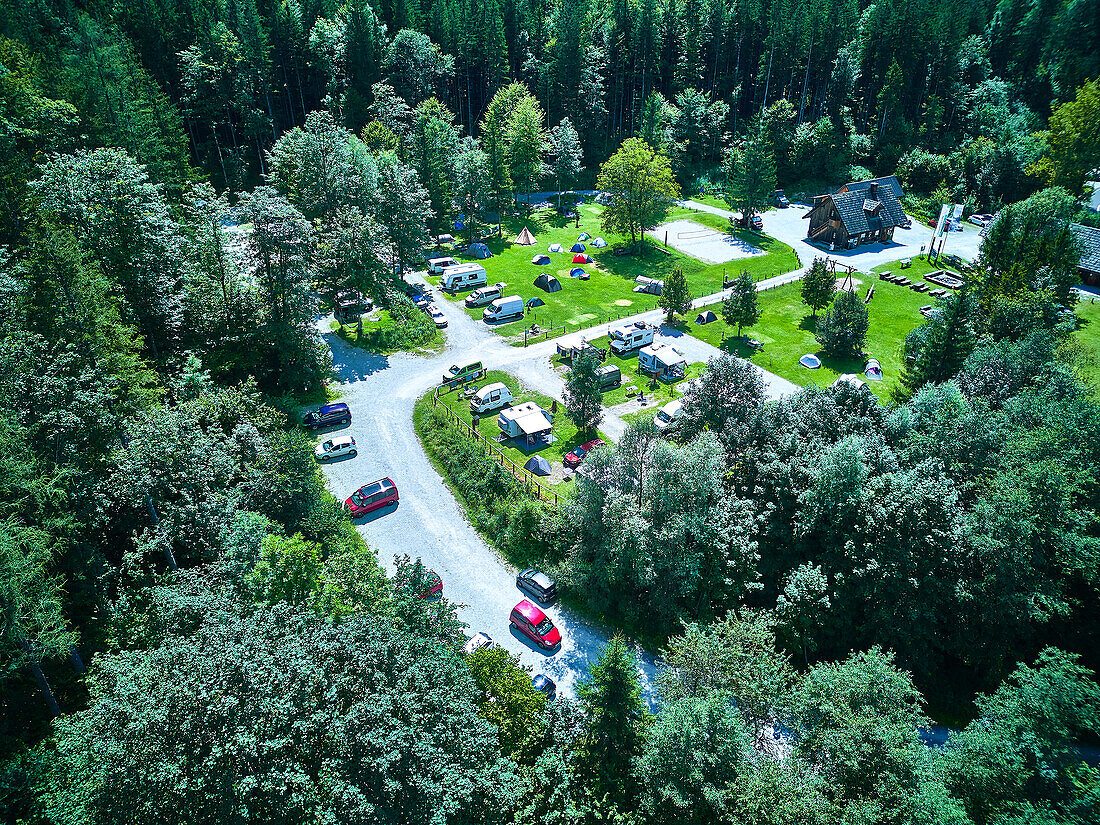  Gesäuse National Park, Styria-Austria. Aerial view. Forstgarten campsite near Gstatterboden 