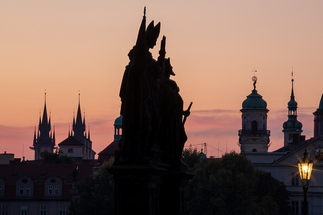  On the Charles Bridge at night, Vltava, Prague, Czech Republic, Europe 