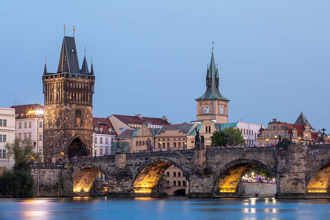  Charles Bridge after sunset, Old Town Bridge Tower, Vltava River, Old Town of Prague, Prague, Czech Republic, Europe 