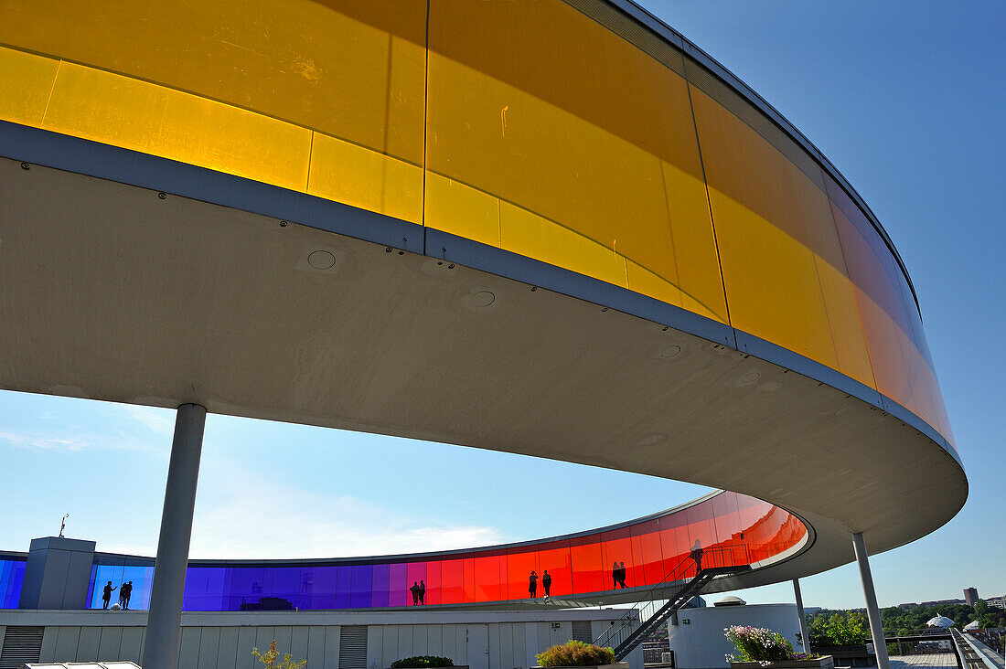 the installation "Your rainbow panorama", a circular skywalk with windows in the colors of the rainbow (by Olafur Eliasson, a Danish-Icelandic artist) on the top of ARoS Aarhus Kunstmuseum (designed by Danish architects Schmidt Hammer Lassen), Aarhus, Jutland Peninsula, Denmark, Northern Europe