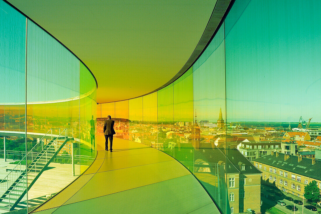 the installation "Your rainbow panorama", a circular skywalk with windows in the colors of the rainbow (by Olafur Eliasson, a Danish-Icelandic artist) on the top of ARoS Aarhus Kunstmuseum (designed by Danish architects Schmidt Hammer Lassen), Aarhus, Jutland Peninsula, Denmark, Northern Europe