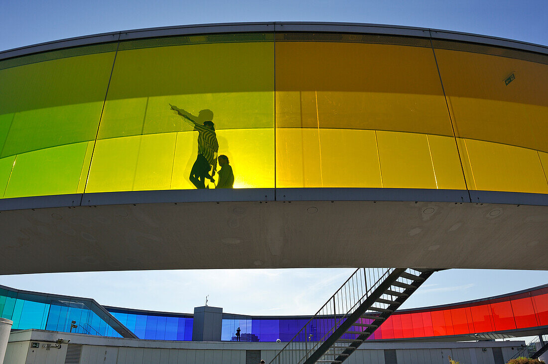 the installation "Your rainbow panorama", a circular skywalk with windows in the colors of the rainbow (by Olafur Eliasson, a Danish-Icelandic artist) on the top of ARoS Aarhus Kunstmuseum (designed by Danish architects Schmidt Hammer Lassen), Aarhus, Jutland Peninsula, Denmark, Northern Europe