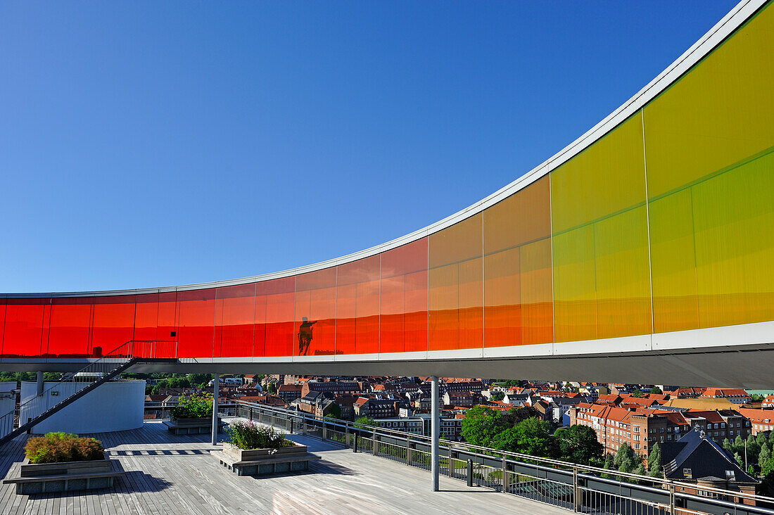 the installation "Your rainbow panorama", a circular skywalk with windows in the colors of the rainbow (by Olafur Eliasson, a Danish-Icelandic artist) on the top of ARoS Aarhus Kunstmuseum (designed by Danish architects Schmidt Hammer Lassen), Aarhus, Jutland Peninsula, Denmark, Northern Europe