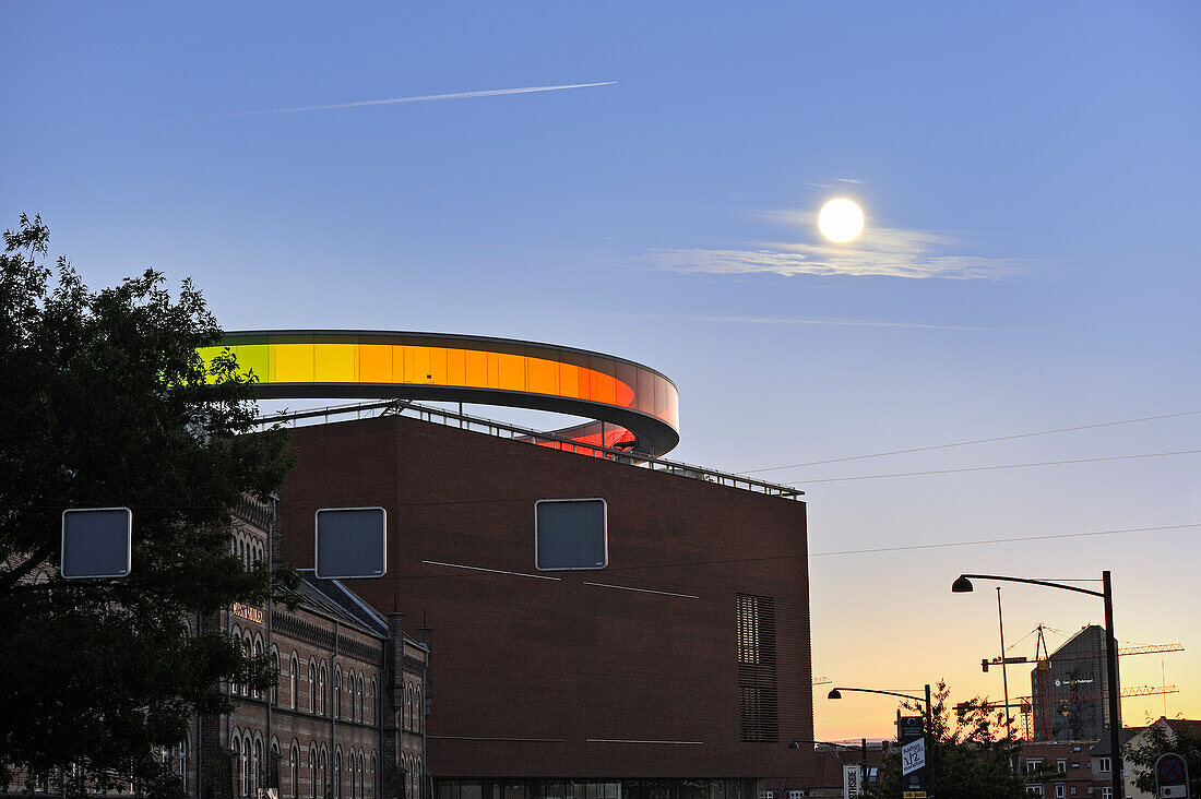 ARoS Aarhus Kunstmuseum (designed by Danish architects Schmidt Hammer Lassen) topped with the installation "Your rainbow panorama" a circular skywalk with windows in the colors of the rainbow (by Olafur Eliasson, a Danish-Icelandic artist), Aarhus, Jutland Peninsula, Denmark, Northern Europe