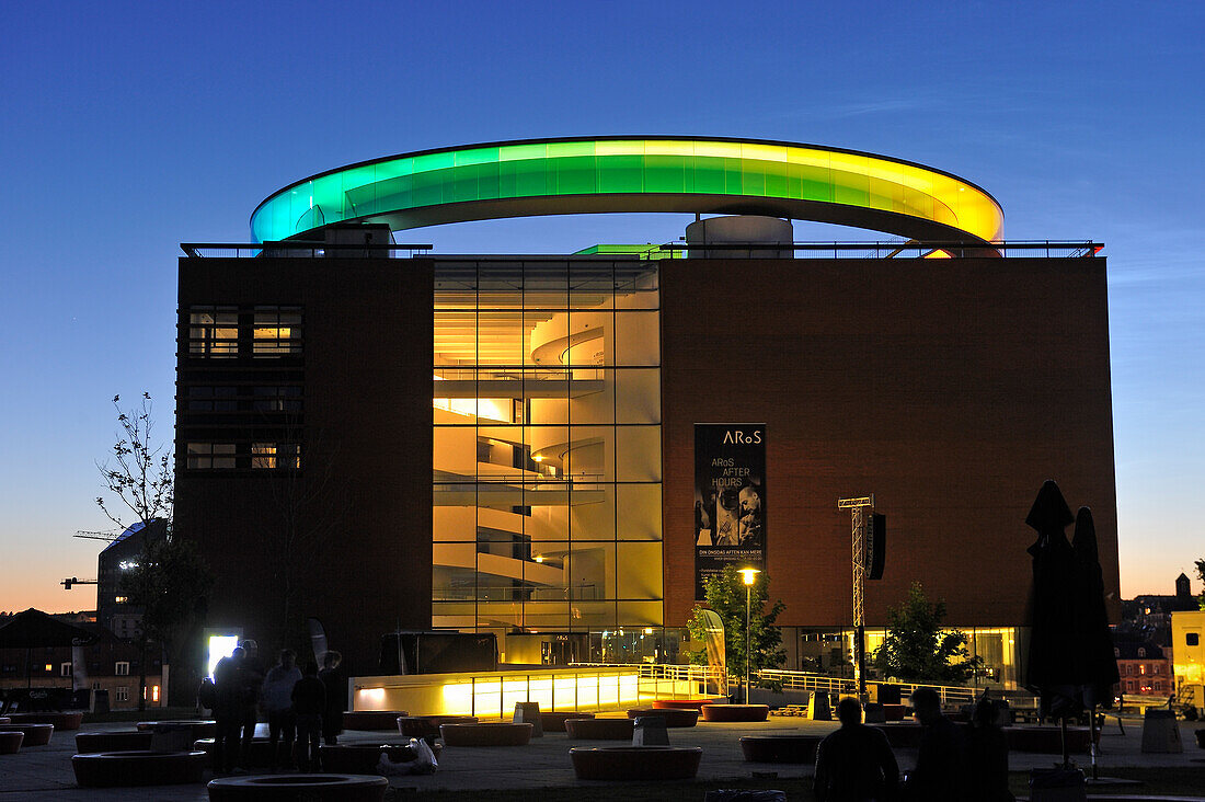 ARoS Aarhus Kunstmuseum (designed by Danish architects Schmidt Hammer Lassen) topped with the installation "Your rainbow panorama" a circular skywalk with windows in the colors of the rainbow (by Olafur Eliasson, a Danish-Icelandic artist), Aarhus, Jutland Peninsula, Denmark, Northern Europe