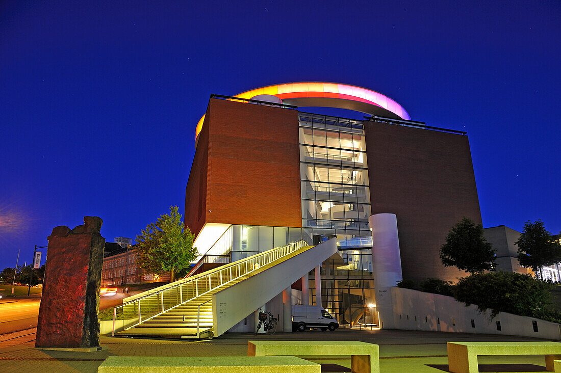 ARoS Aarhus Kunstmuseum (designed by Danish architects Schmidt Hammer Lassen) topped with the installation "Your rainbow panorama" a circular skywalk with windows in the colors of the rainbow (by Olafur Eliasson, a Danish-Icelandic artist), Aarhus, Jutland Peninsula, Denmark, Northern Europe