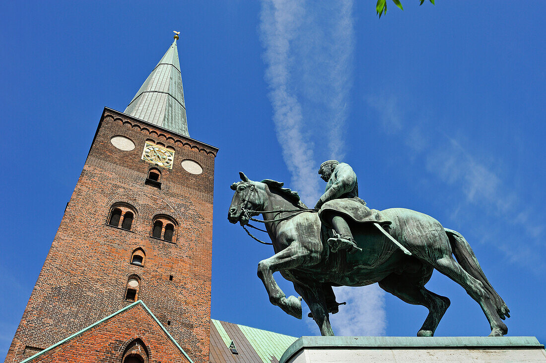 equestrian statue of Christian X(1870-1947) king of Denmark from 1912 till 1947, beside the cathedral of Aarhus, Jutland Peninsula, Denmark, Northern Europe