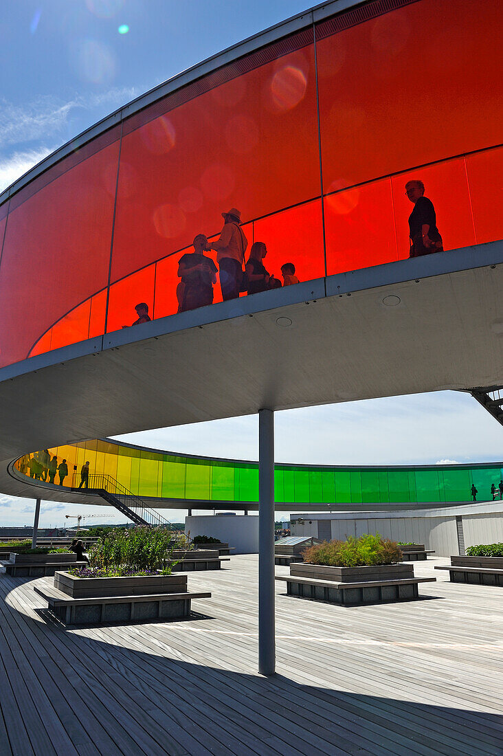 the installation "Your rainbow panorama", a circular skywalk with windows in the colors of the rainbow (by Olafur Eliasson, a Danish-Icelandic artist) on the top of ARoS Aarhus Kunstmuseum (designed by Danish architects Schmidt Hammer Lassen), Aarhus, Jutland Peninsula, Denmark, Northern Europe